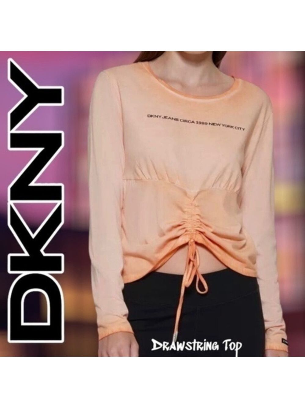 DKNY JEANS Front Drawstring Long Sleeve Logo Top